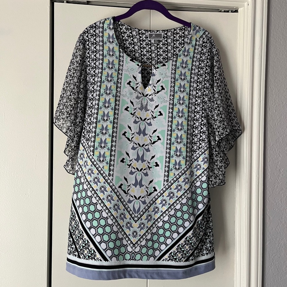 JM Collection Womens‎ XL Dress Black White Green Geometric Sheer Sleeve